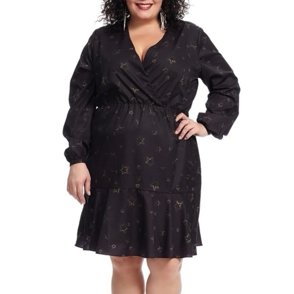 Whimsigoth Celestial Mini Dress Stars Black Babydoll Long Sleeve Hutch 3X‎